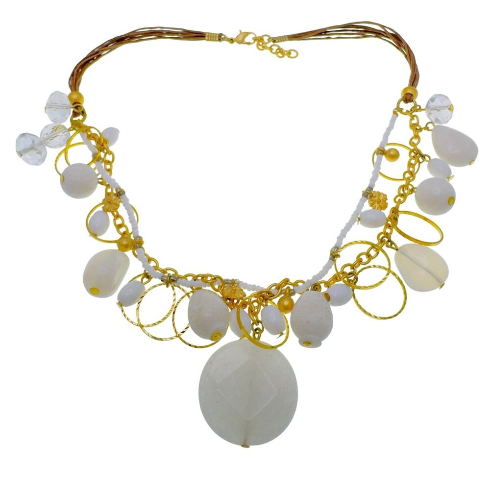 Gold & White Layered Necklace With Beads & Crystals Adjustable Lobster Clasp 18 - Picture 2 of 11